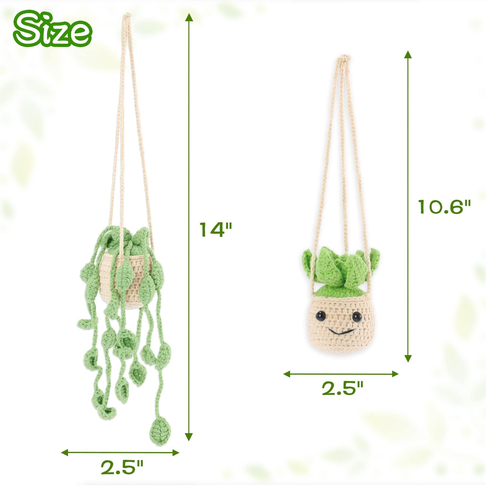 Vansolinne 2 Pcs Cute Car Accessories Crochet Plants Hanging Baskets Green Succulent For Rearview Mirror Decor Car Ornament Interior Aesthetic Plant Lovers Gifts For Women And Men Drivers