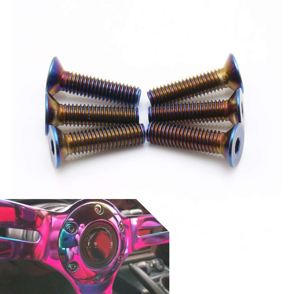 Kyostar 6 Pcs Stainless Steering Wheel Screw Bolts M5  0.8 (Length 15Mm) Burnt Titanium Blue Steering Wheel Bolts Screw