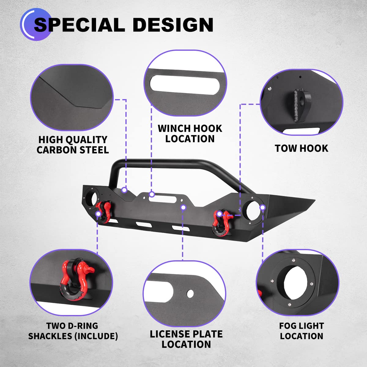 Wolfstorm Front Bumper Fit For 2007-2018 Jeep Wrangler Jk/Jku, Full Width Front Bumper For 2018-2024 Jeep Wrangler Jl/Jlu, Steel Front Bumper For 2019-2024 Jeep Gladiator Jt W/ 2Xd-Ring Shackles