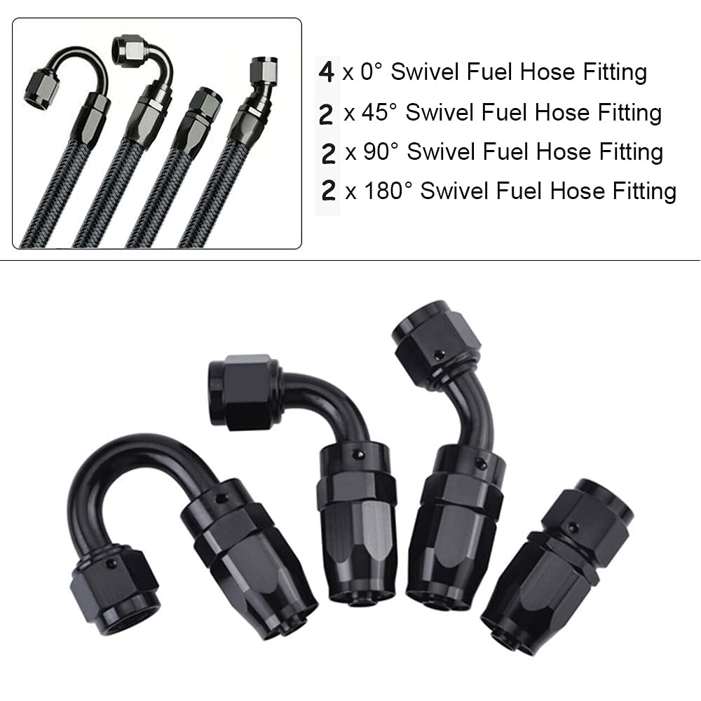 3/8 6An 20Ft, Nylon Stainless Steel Braided Fuel Line Oil/Gas/Fuel Hose End Fitting Hose With 10Pcs Swivel Fitting Adapter Kit - Black