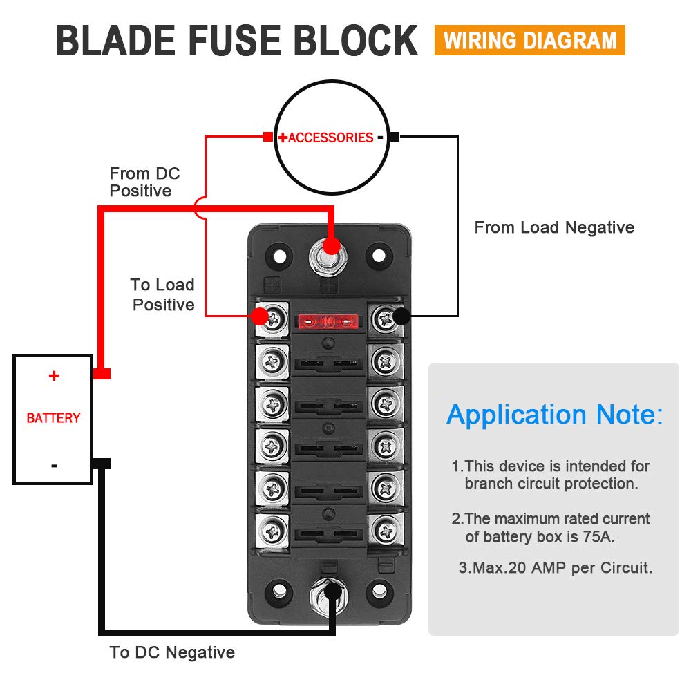 ELECTOP 6 Way Fuse Block Blade Fuse Box with Negative Bus, 6 Circuit Fuse Holder Fuse Block w/Negative Bus, Waterproof Protectio