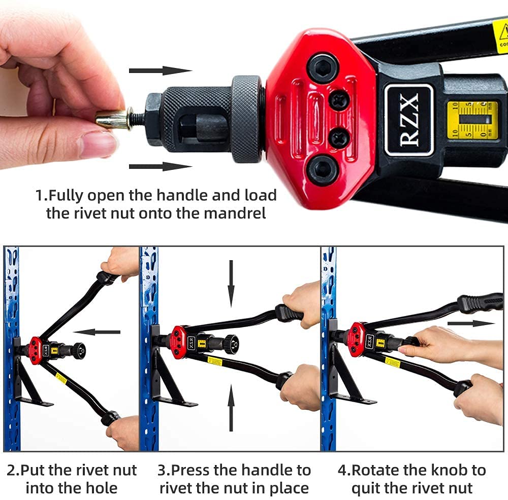 Rzx 16" Rivet Nut Tool Hand Blind Riveter With Nut Setting System Totally 12Mandrels M3 M4 M5,M6,M8,M10 M12, 10-24, 1/4-20, 5/16-18,3/8-16,1/2-13 +115Pcs Rivets Nuts With Aluminum Carrying Case