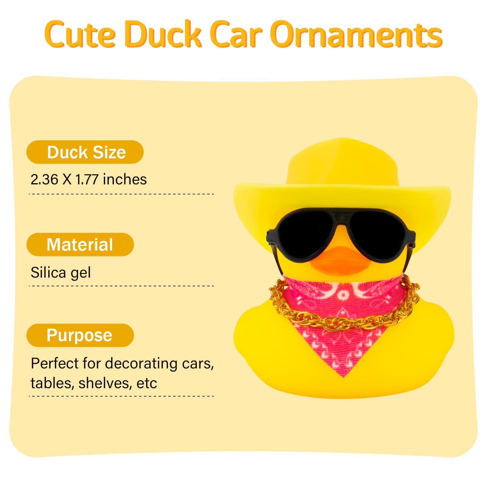 wonuu Car Dashboard Decoration Cowboy Hat Rubber Duck, Car Ducks Ornaments with Mini Colorful Hat Necklace Sunglasses Scarf (Yel
