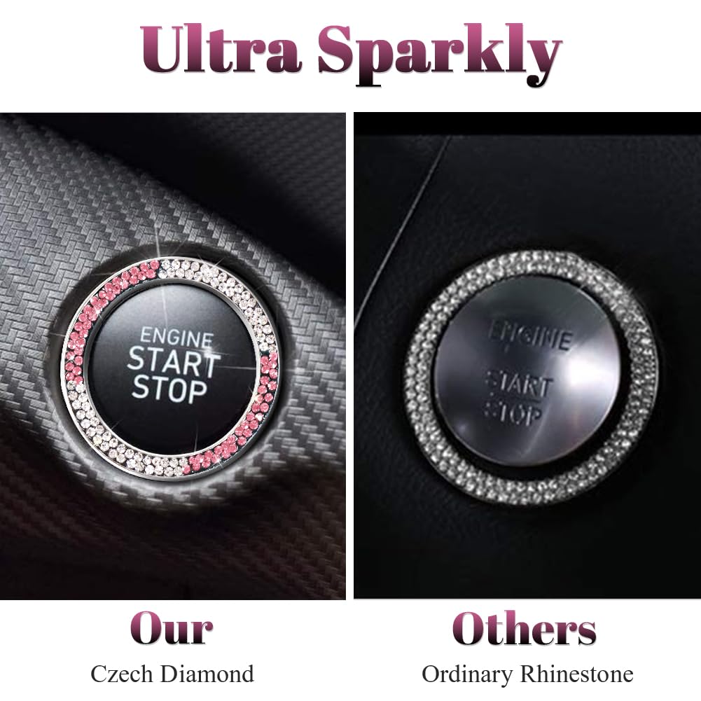 Tobequeen White Pink Bling Push Start Button Cover Emblem Sticker, Crystal Diamond Rhinestone Push Start Ring Car Decor, Pink An