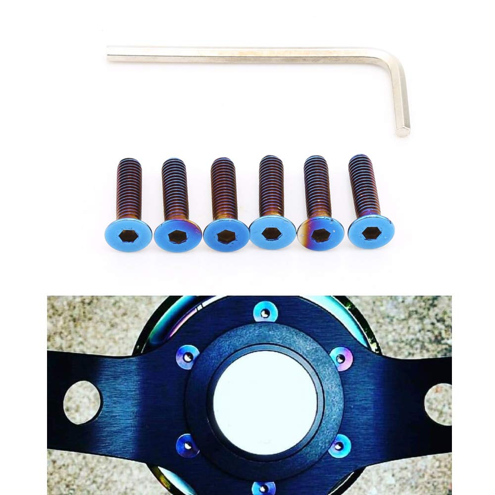 Kyostar 6 Pcs Stainless Steering Wheel Screw Bolts M5  0.8 (Length 15Mm) Burnt Titanium Blue Steering Wheel Bolts Screw