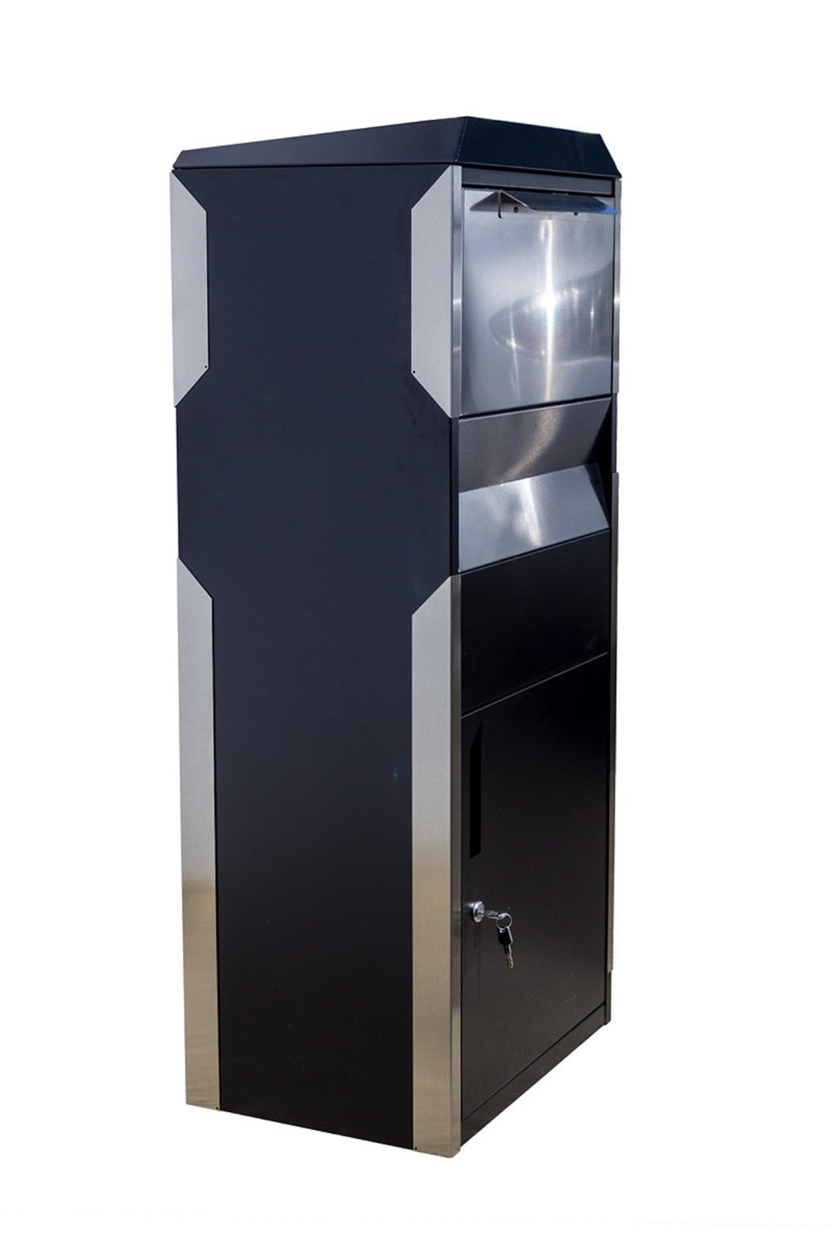 QualArc Feestanding Locking Parcel Drop Box with Stainless Steel Incoming Mail Slot Door - Black, Silver