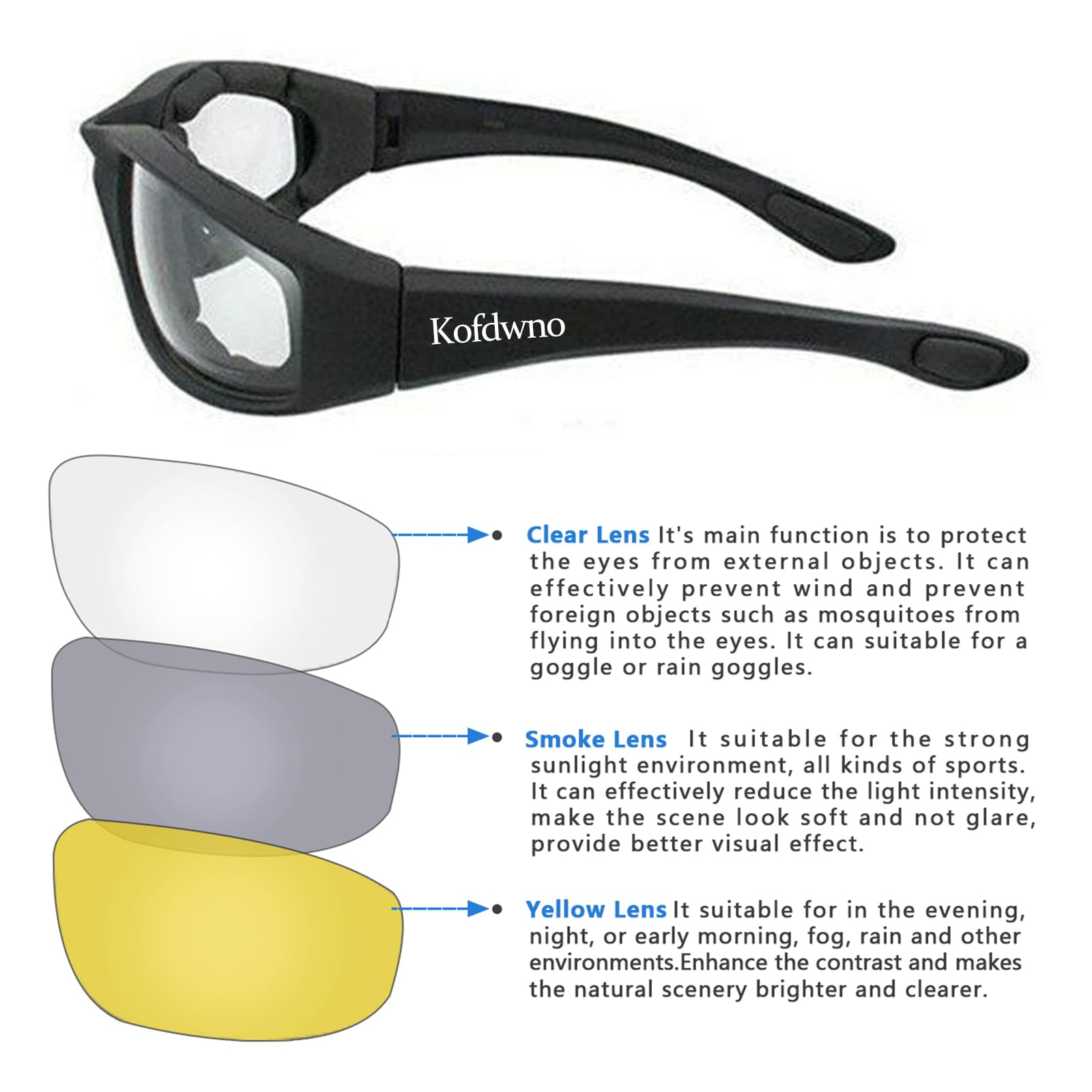 Generic 3 Pairs Motorcycle Riding Glasses - UV Protection, Foam Padded, Dustproof Goggles in Clear, Yellow, Smoke - One Size for Outdoor Sports