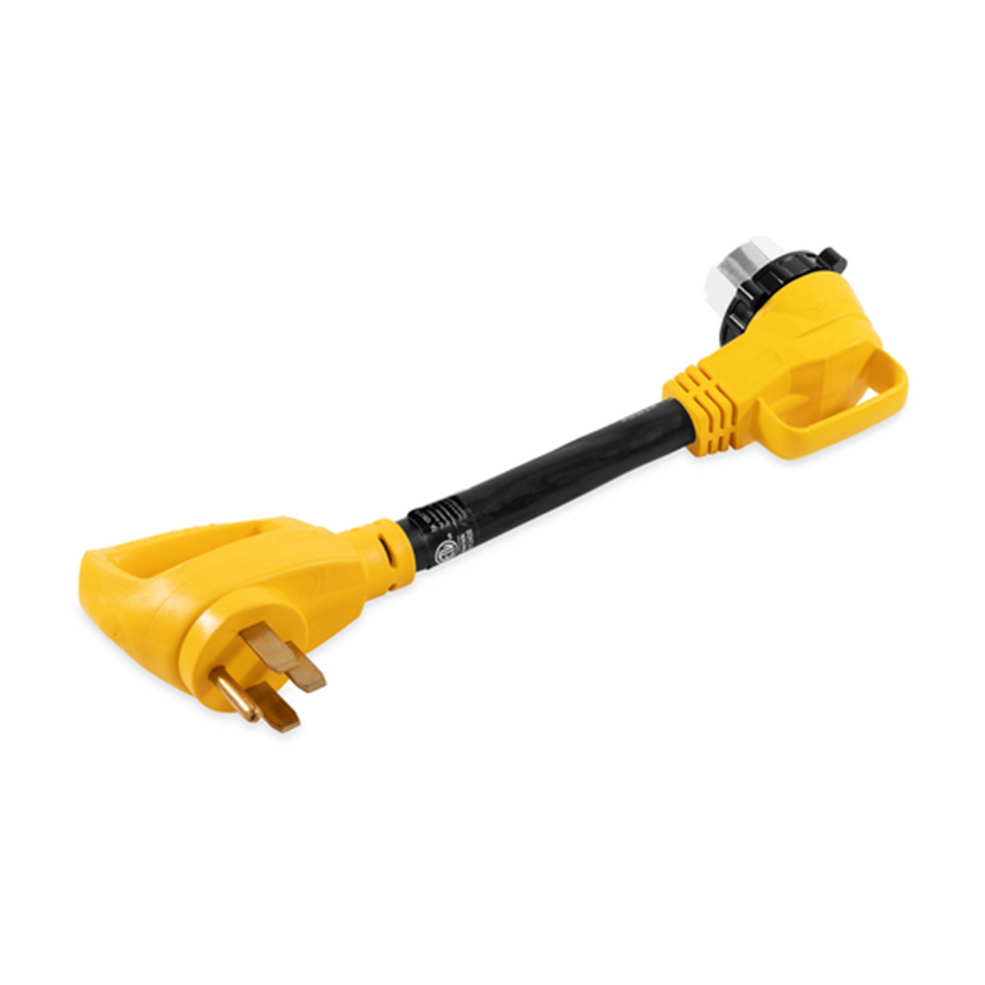 Camco 18 Inch Heavy Duty Electrical Rv Dogbone Adapter With Handle, Threaded Locking Ring, And 90 Degree Bend Design, 50 Amps,Yellow