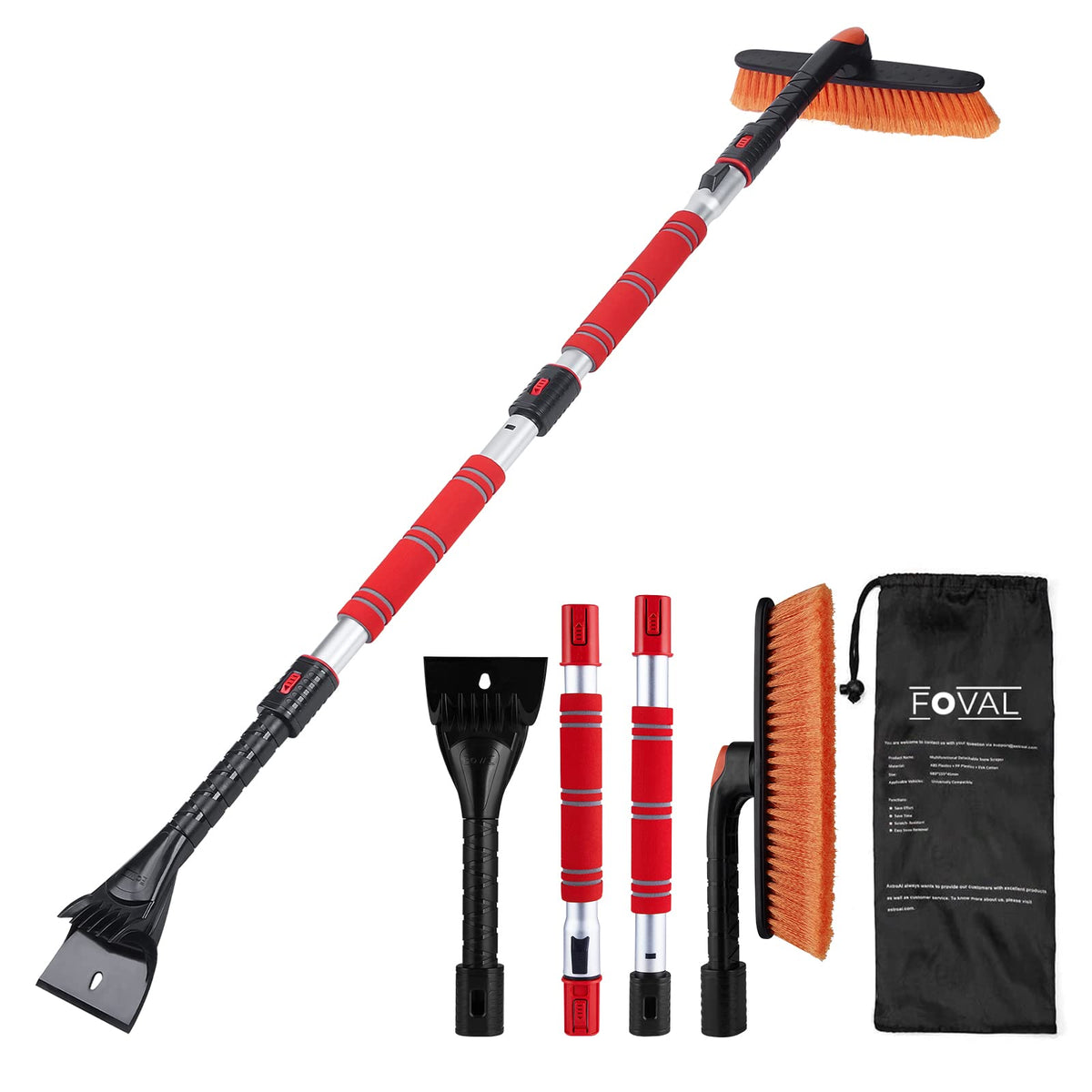 Foval 62.4'' Snow Brush - Ice Scrapers For Car Windshield, 360Pivoting Brush Head, Comfortable Foam Grip, Extendable Snow Remova