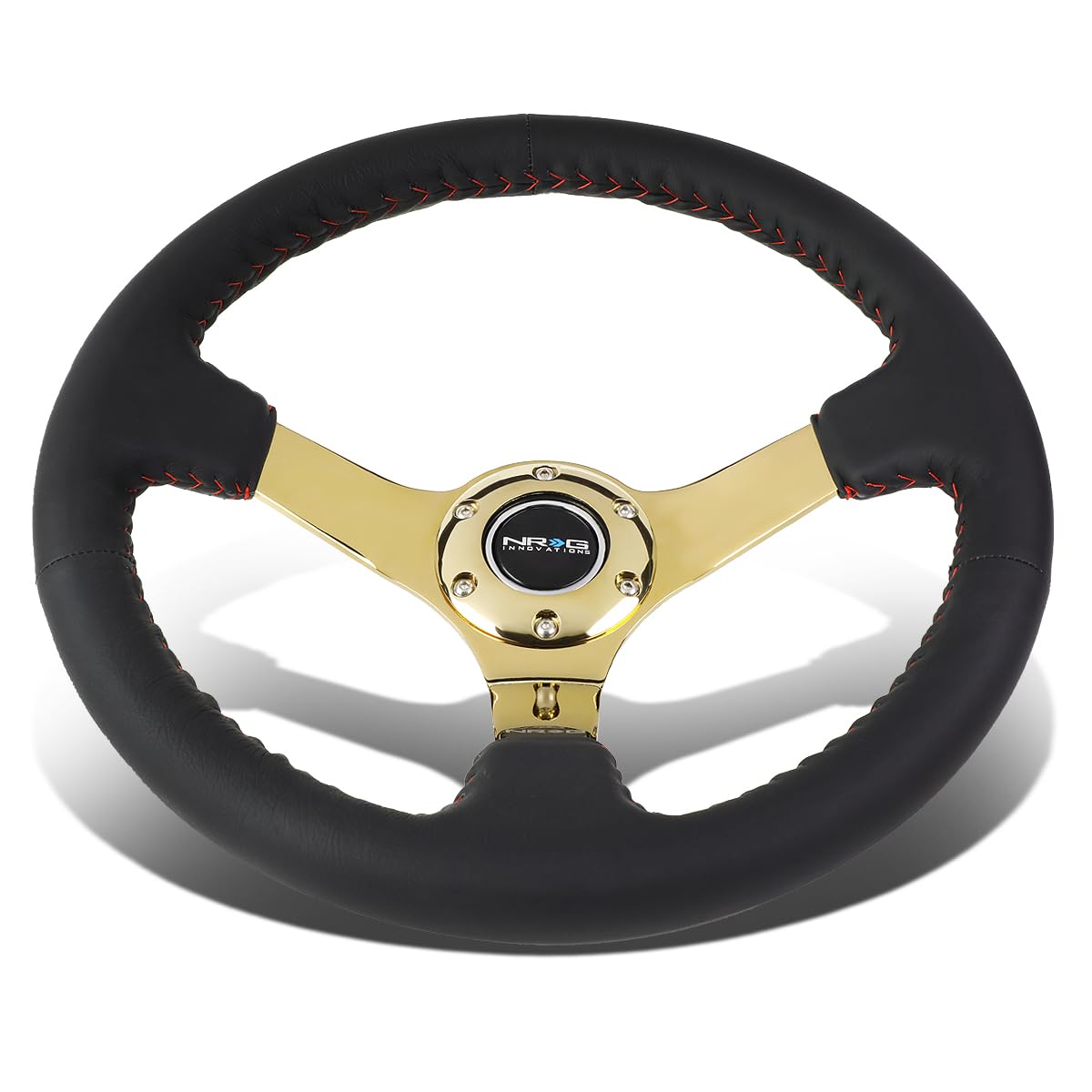 NRG Innovations NRG-RST-036GD Reinforced Steering Wheel - 350mm Sport Steering Wheel (3' deep) Black Leather with Red Baseball Stitching - Chrome Gold Spoke