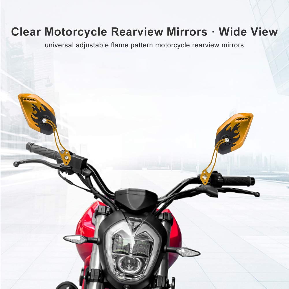 1 Pair Universal Motorcycle Rearview Side Mirrors, Keenso Adjustable Aluminum Handlebar Rear View Side Mirrors Flame Pattern Motorbike Scooter 10Mm 8Mm (Yellow)