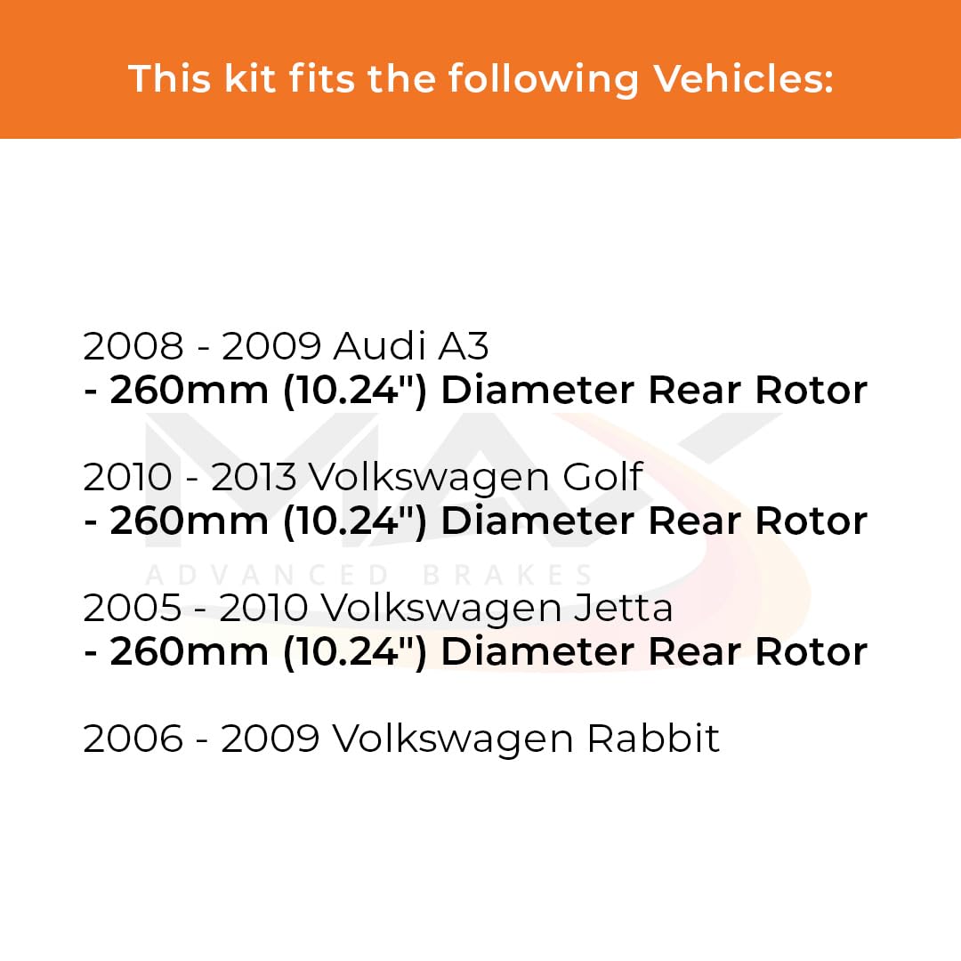 Max Advanced Brakes Rear Brake Kit Compatible With 2005-2008 2009 2010 Vw Jetta Golf Rabbit W/10.24 '' Rear Rotor Replacement Pr