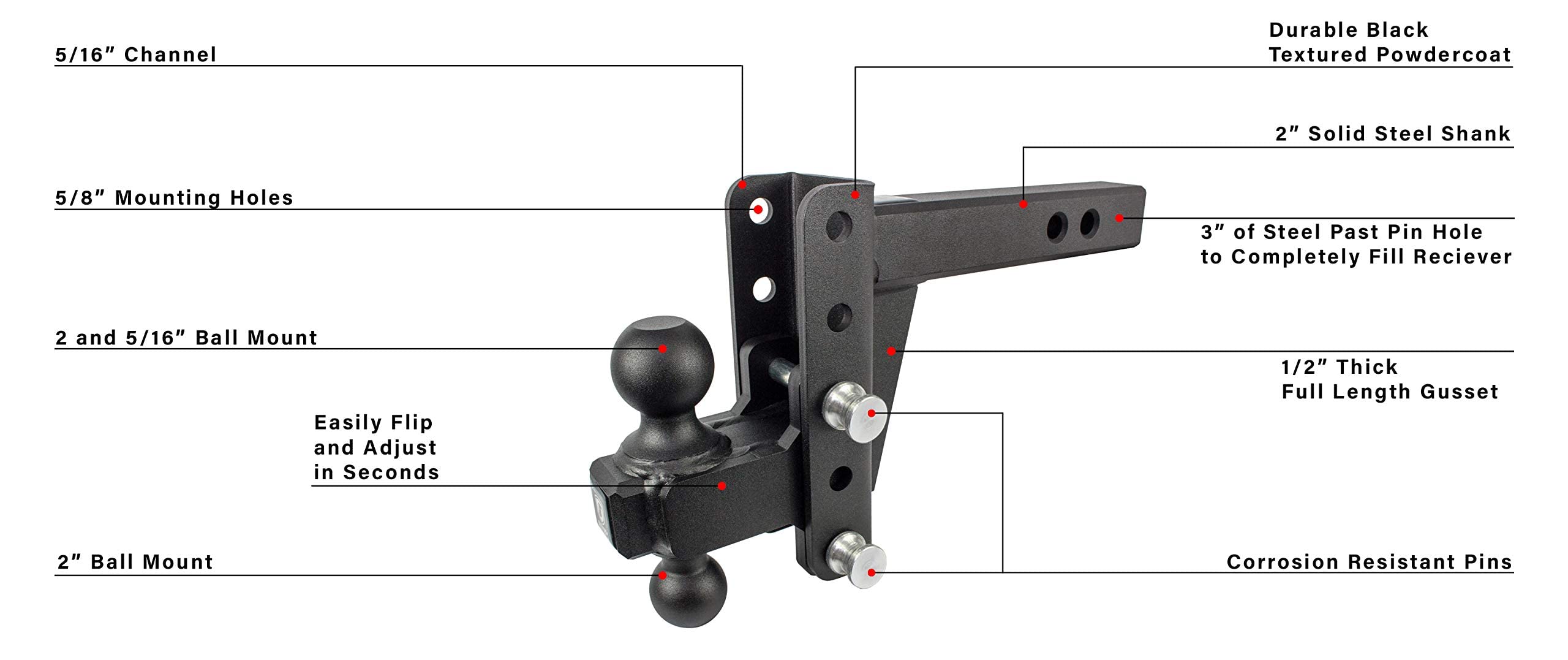 Bulletproof Hitches - 2.0' Adjustable Extreme Duty Trailer Hitch (30,000 Lb. Rating) - 4' Drop/Rise With 2' And 2 5/16' Dual Ball - Powder Coat, Solid Steel, Corrosion-Resistant