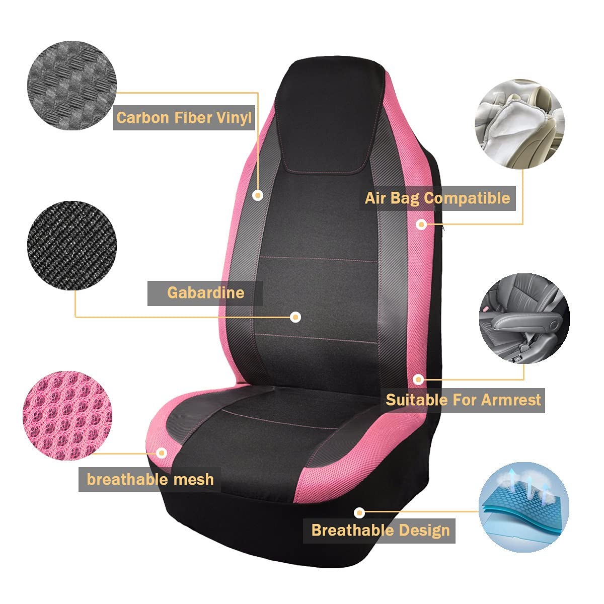 Flying Banner Car Seat Covers Quality Carbon Fiber Faux Leather Mesh Fabric Sport Low High Back Bucket Back Pocket Arm Rest Car Suv Truck Pick Up (2 Fronts - High Bucket, Pink)