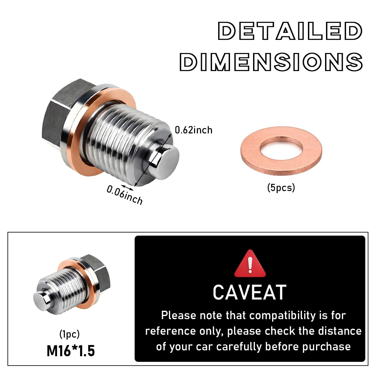 Dickno M16  1.5 Magnetic Oil Drain Plug, Aluminum Stainless Steel Sump Drain Nut Bolt with 5 Copper Crush Washer, Universal Leak