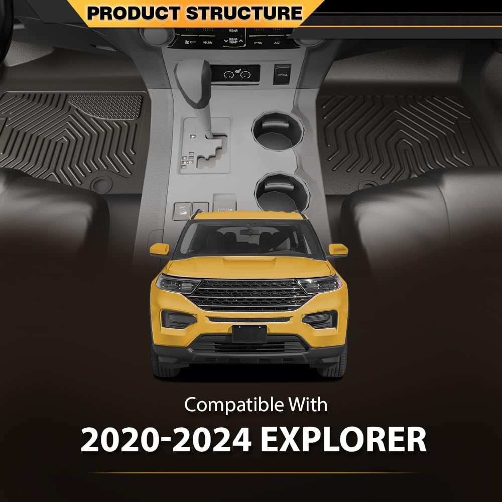 G-PLUS TPE Floor Mats Cargo Liners, Compatible with Ford Explorer 2020 2021 2022 2023 2024 2025, 1st & 2nd Row 3PCS, Black Floor