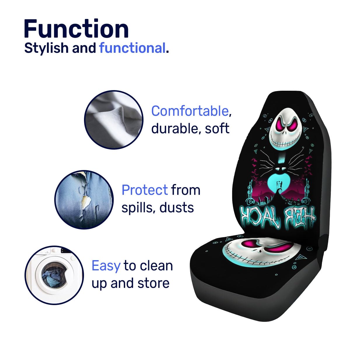 Genany Horror Nightmare Skellington Couple 2 Front Car Seat Covers For Car Truck Sedan Suv, Halloween Car Seat Cover, Durable Au