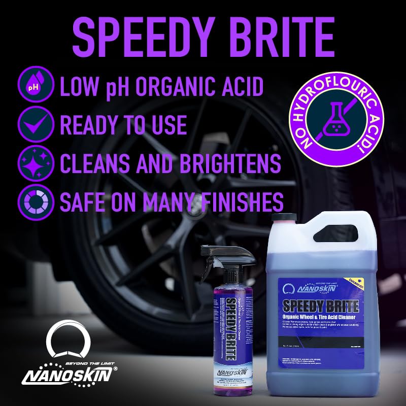Nanoskin SPEEDY BRITE Wheel & Tire Cleaner Spray - 16 Oz, Purple, RTU for Effective Car Detailing, Works with Wheel & Tire Brushes