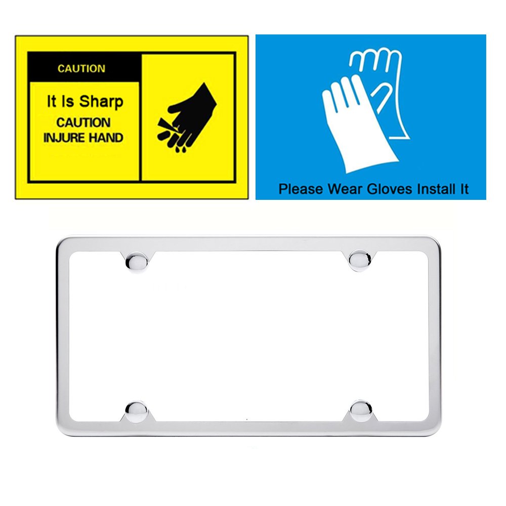 Indeed BUY Slim Stainless Steel License Plate Frames - 2 Pcs, 4 Holes, Polish Mirror Finish, Silver with Chrome Screw Caps