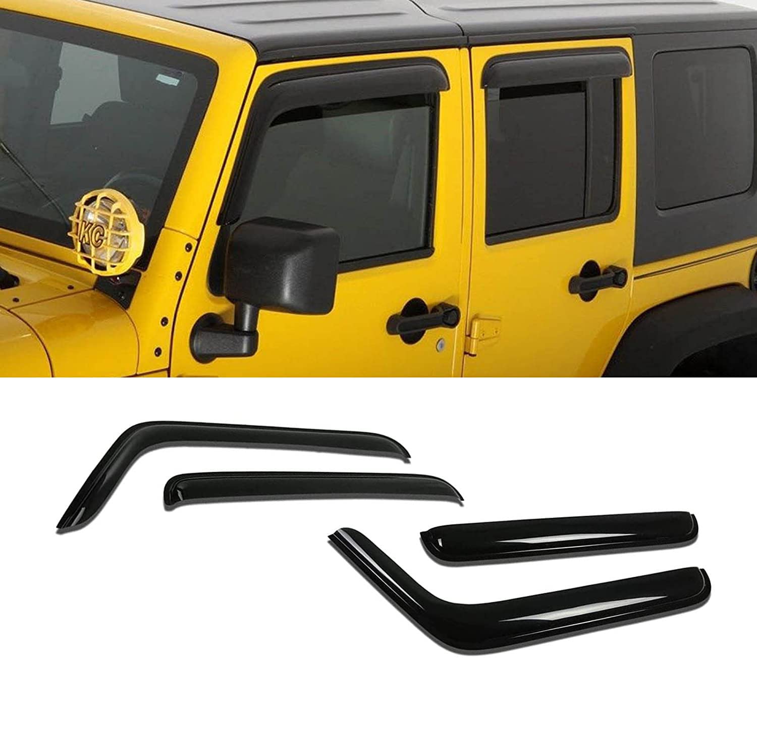 Zzdsnj Tape-On Window Visors 4-Piece For 2007-2018 Jeep Wrangler 4-Door (Jk) Sun Rain Guard Shield Shade Smoke 94249