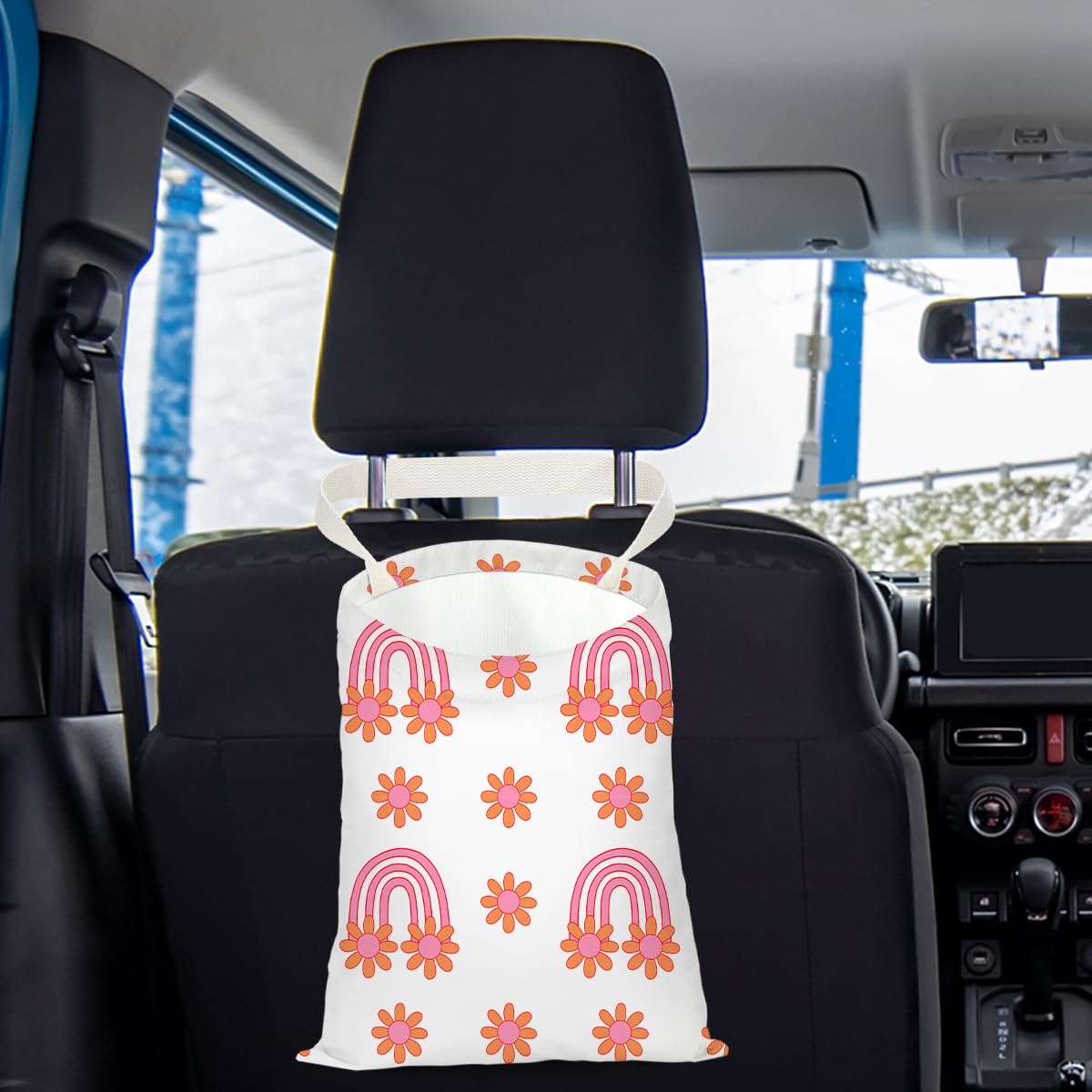 Boho Flower Rainbow Butterfly Sunflower Car Garbage Organizer - Waterproof Hanger for Vehicle Back Seat