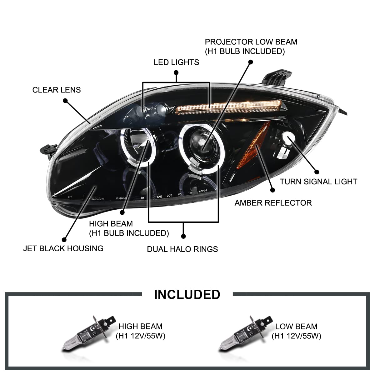 Spec-D Tuning Led Dual Halo Jet Black Projector Headlights Compatible With 2006-2008 Mitsubishi Eclipse, 2009-2012 Mitsubishi Ec