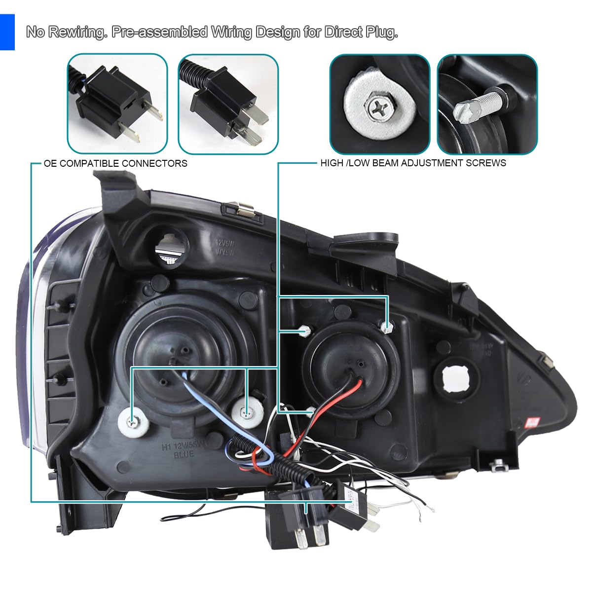 Spec-D Tuning Jdm Black Projector Headlights Compatible With 2002-2004 Acura Rsx, Left + Right Pair Headlamps Assembly