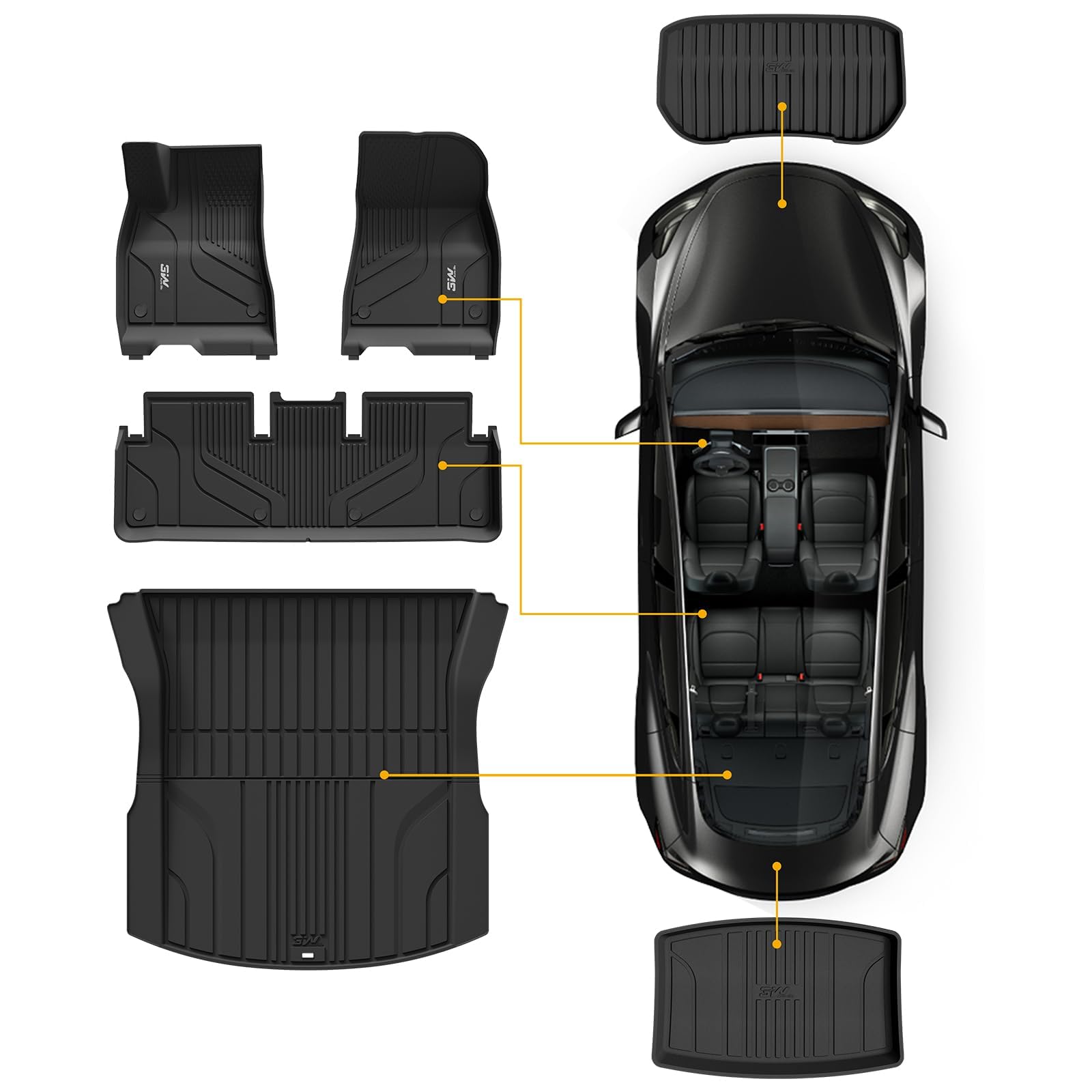 3W Floor Mats And Cargo Liner Fit For 2024 2025 Tesla Model 3 Highland New Generation, Full Set Black Floor Mats And Trunk Cargo