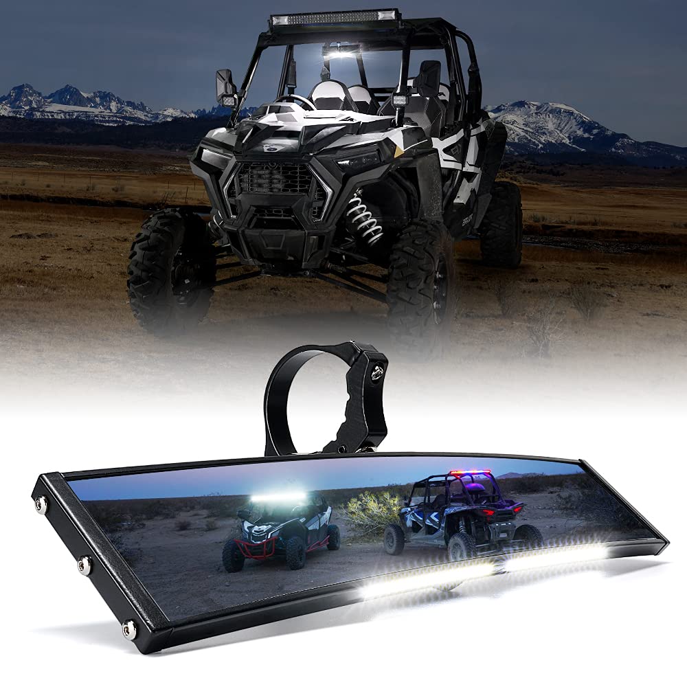 Xprite 13' Aluminum Utv Rear View Center Mirror W/Interior Lights, Curved Rearview Mirror Fits 1.75' - 2' Mount For Polaris Rzr Sxs Can-Am X3 Arctic Cat Kawasaki Yamaha Honda, Patent Design