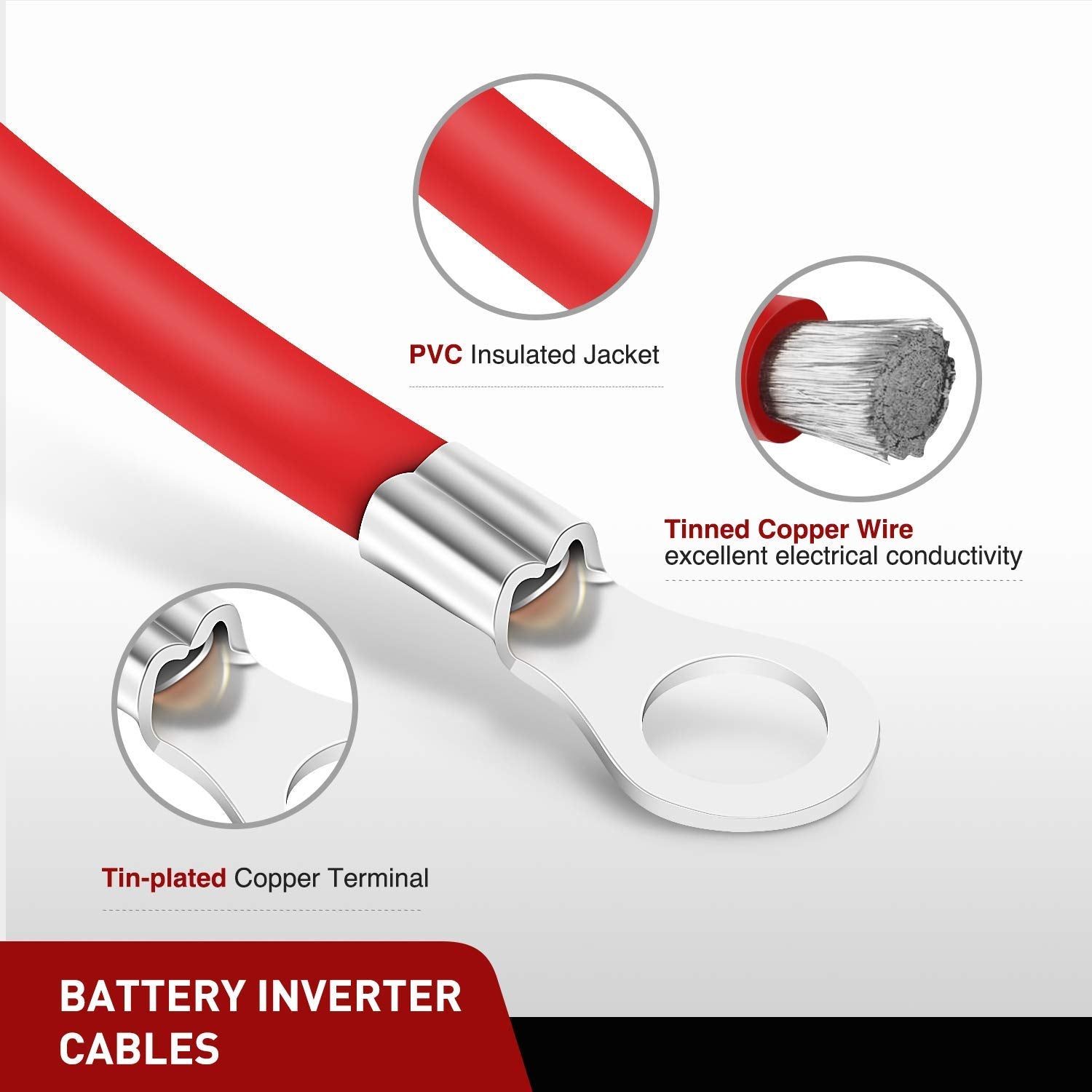 Nilight 6 AWG 20 Inch Each Battery Power Inverter Cables w/Tinned Wire Terminals Red Black 3/8 Inch Lugs Copper Parallel Battery