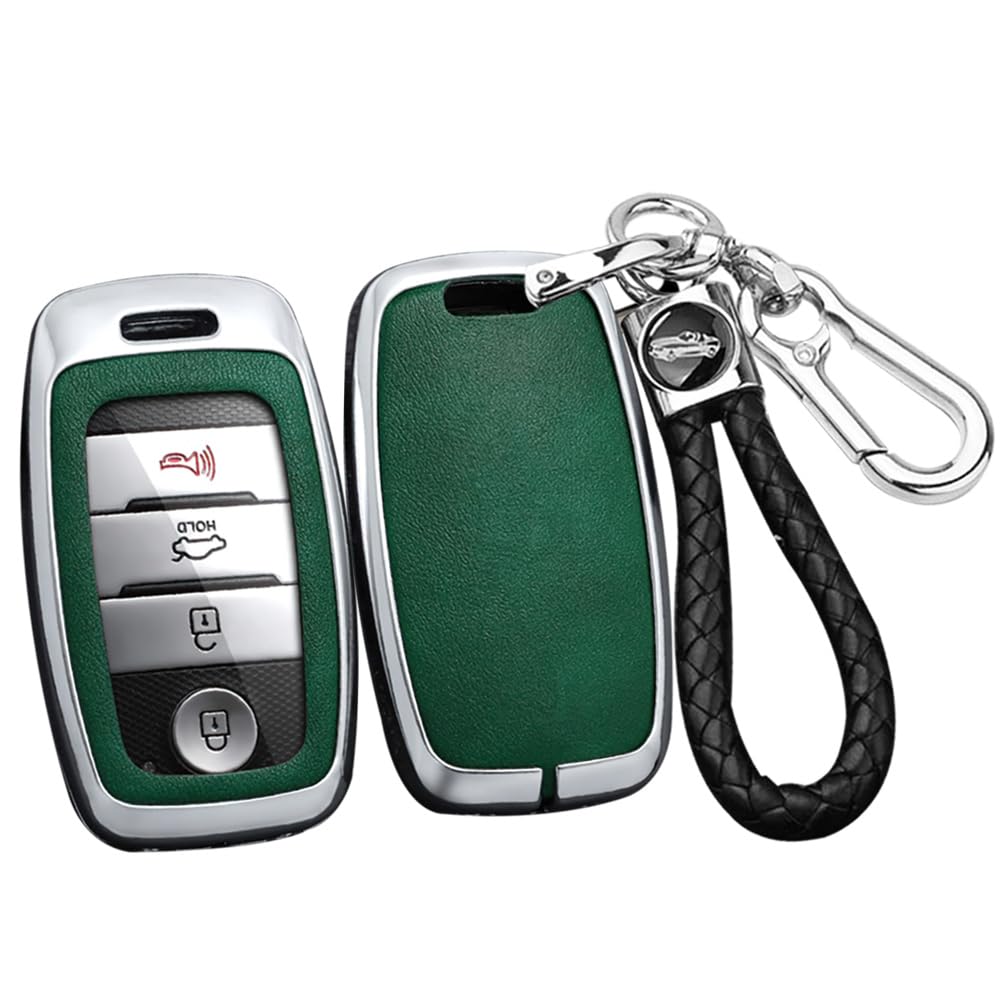 Sanrily Pu Leather 3/4/6 Button Key Fob Cover Fit For Kia Seltos Carens 2022 Sonet Forte Koup Niro Optima Rio Sorento Soul Sportage Keyless Smart Key Case With Keychain Silver-Green