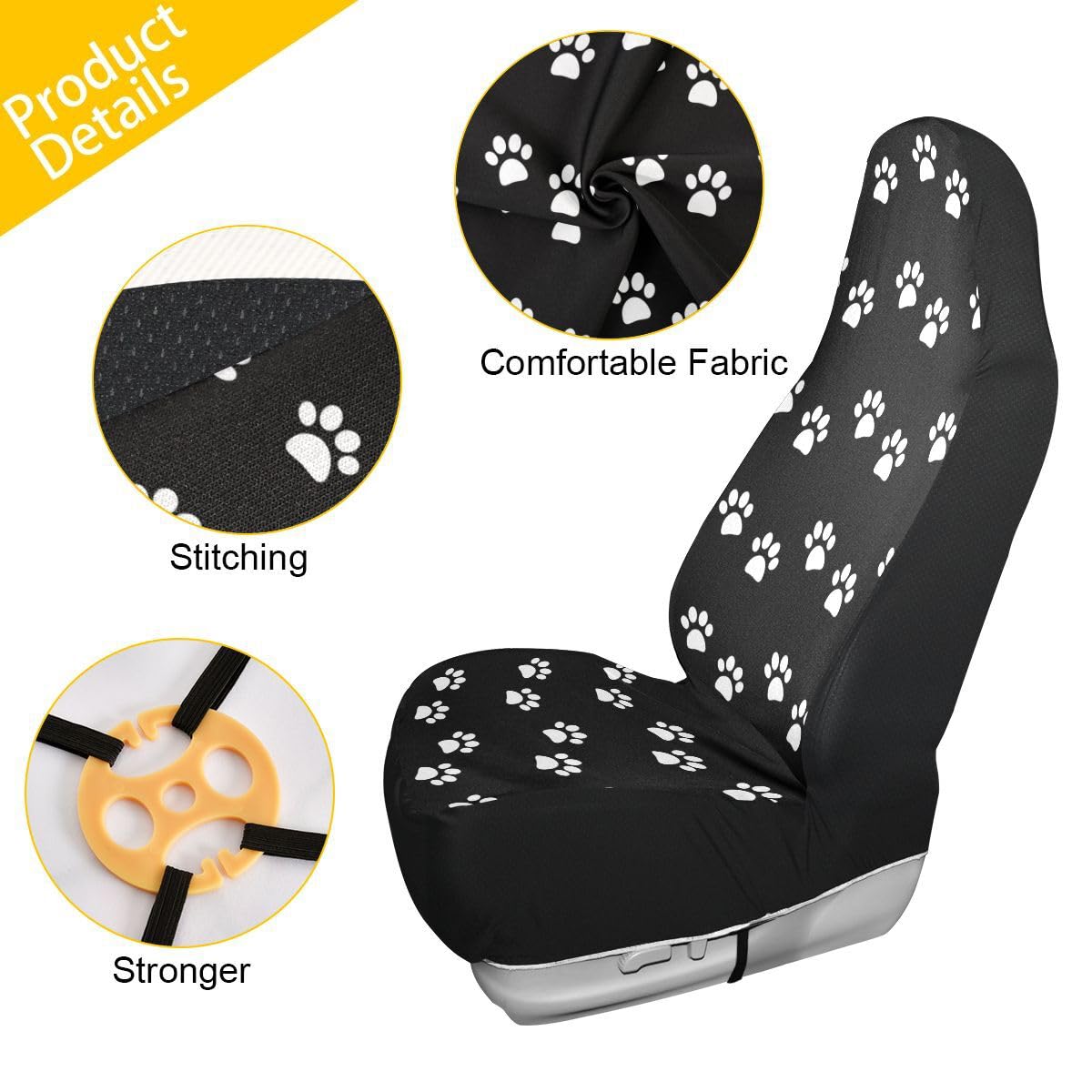 LONSANT Paw Print Car Seat Covers Set of 2,White Animal Pet Claws on Black Background Universal Auto Front Seat Cushion Protecto