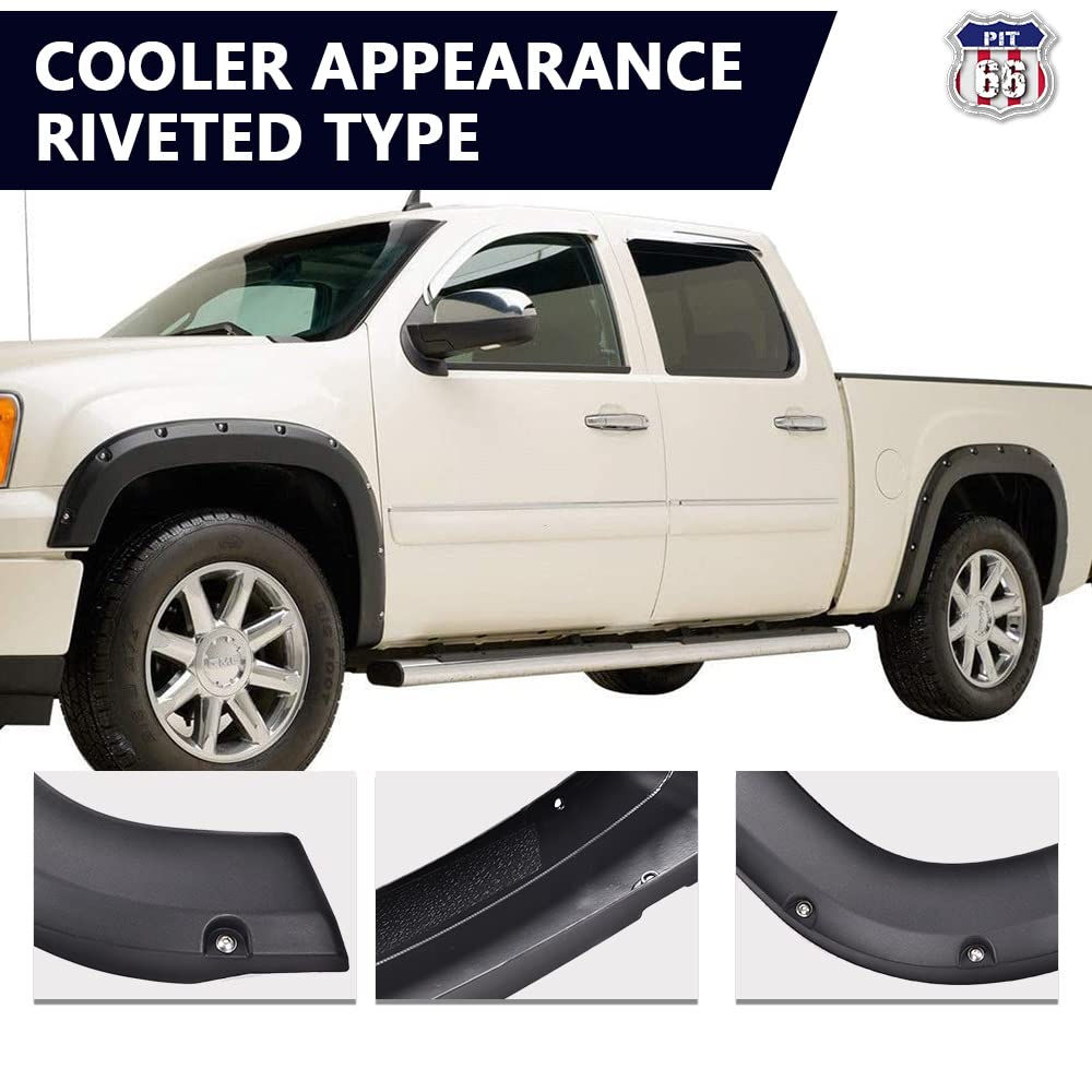 PIT66 Fender Flares, Compatible With 2007-2013 GMC Sierra 1500, Rugged Wheel Flares Textured Pocket Riveted Style, 4 Pcs