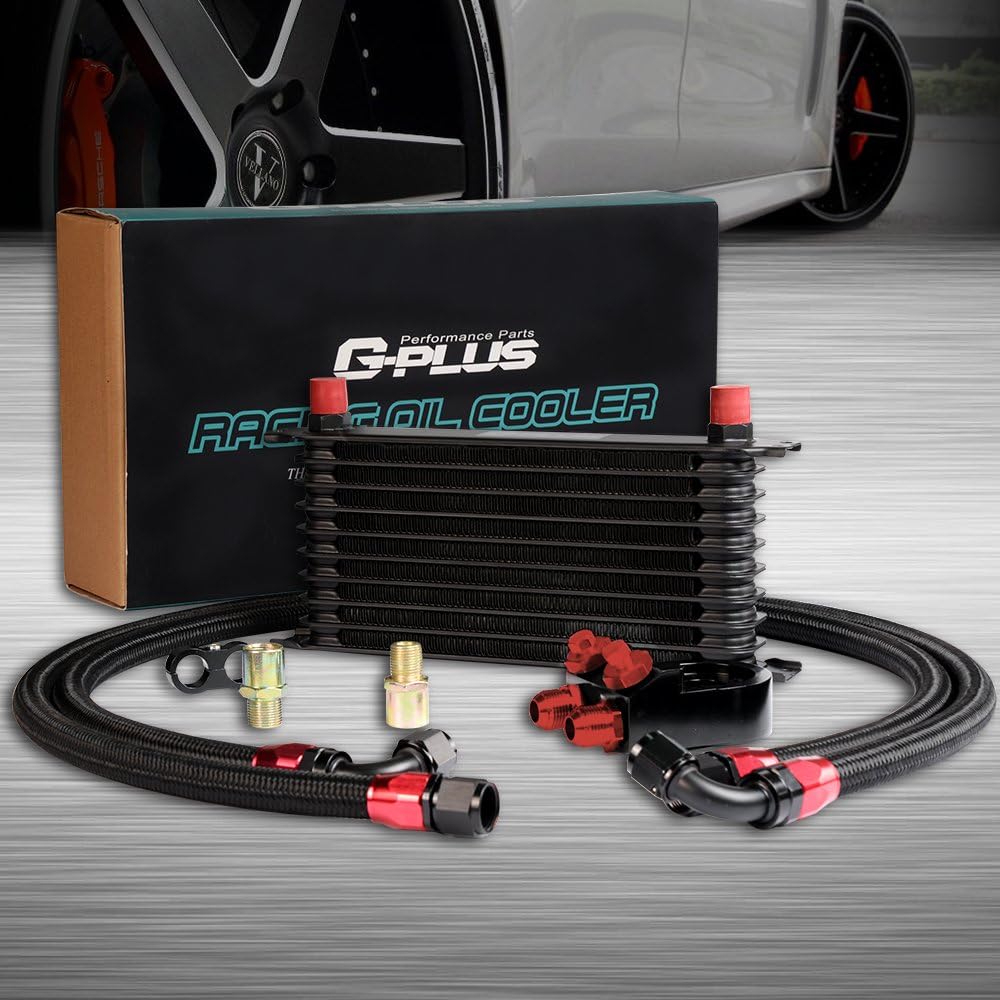 G-PLUS Universal 10 Row 10AN Engine Transmition Oil Cooler Kit & Oil Filter Relocation Kit Aluminum