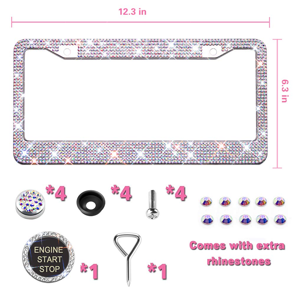 Bling License Plate Frame For Women, Sparkly Stainless Steel License Plate Frames| Over 1000 Pcs 14 Facets Bedazzled Clear Glass