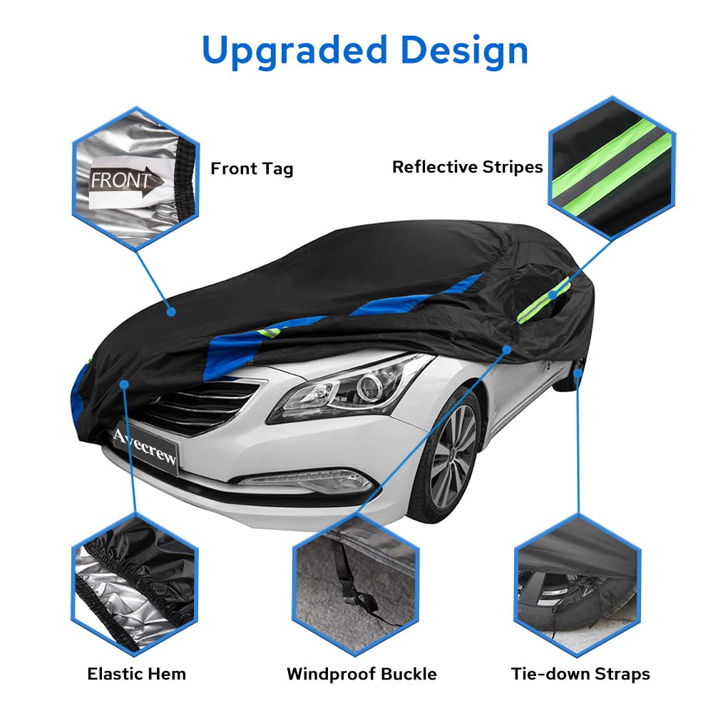 Avecrew Car Cover Waterproof All Weather For Automobiles, Outdoor Heavy Duty Full Exterior Covers For Sedan(186 ''-193 '')