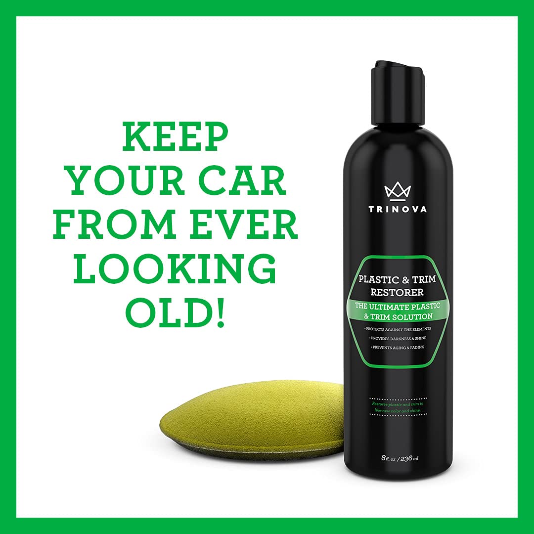 TriNova Plastic & Trim Restorer - 8 fl oz, Black - Revives Worn Plastics, Vinyl & Rubber, Protects Against Rain & Dirt
