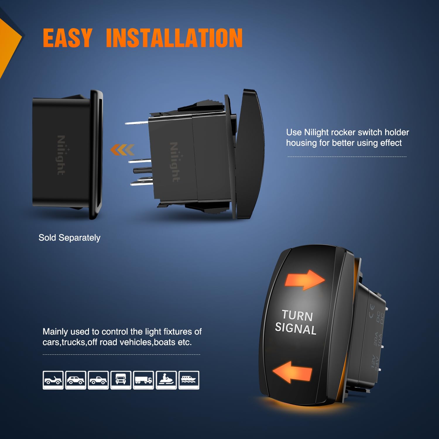 Nilight Turn Signal Switch Amber 4Pin On Off On Rocker Switch Laser Etched Spdt Toggle Switches 12V 20A 24V 10A Jumper Wires For