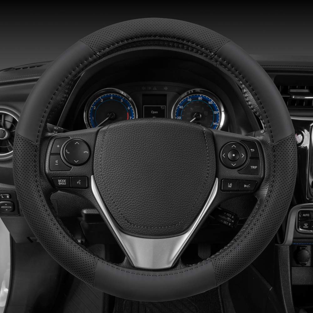 Motor Trend Black Soft Touch Steering Wheel Cover - Perforated Microfiber Leather with Classic Stitching for Sizes 14.5 to 15 in