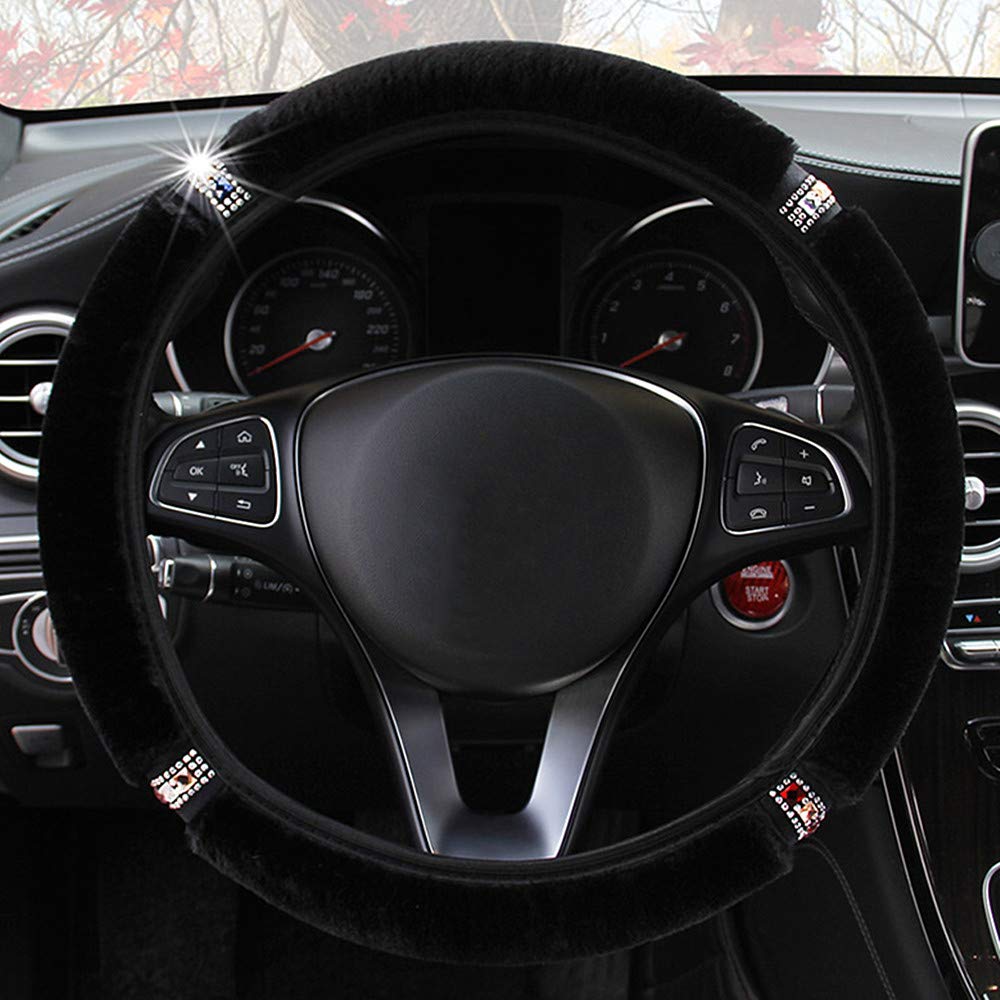 LABBYWAY Steering Wheel Cover for Winter Warm, Fluffy Pure Australia Sheepskin Wool, with Bling Bling Crystal Rhinestones for Women Girls, Universal 15 inch (Black)