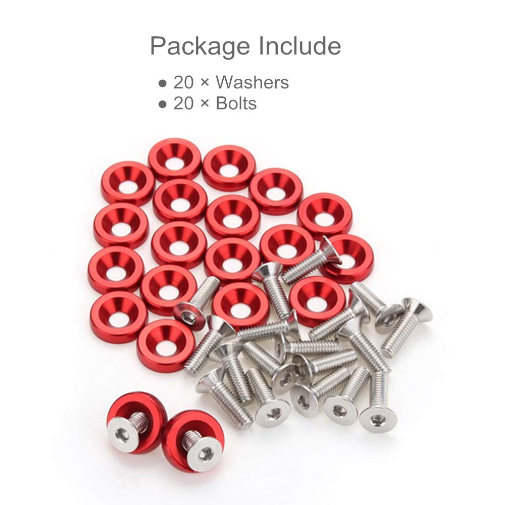 20Pcs Fender Bumper Washer Bolt M6X20Mm 6061 T6-Grade Cnc Billet Aluminum Washer Engine Bay Dress Up Fastener Kit (Red)