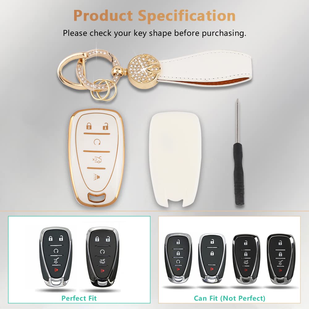 Pifoog Tpu Key Fob Cover For Chevy Equinox Camaro Traverse 5 Buttons Car Key Covers With Keychain Soft Key Shell Case Compatible Malibu Blazer Trailblazer Spark Gold White