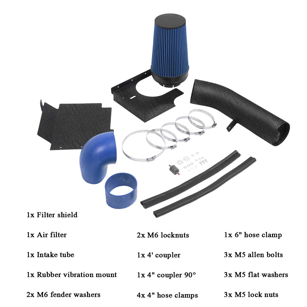 Moosun 4 Inch Cold Air Intake Black Tube + Heat Shield For 1999-2006 Gmc/Chevy V8 4.8L/5.3L/6.0L Silverado 1500/2500/3500 Blue