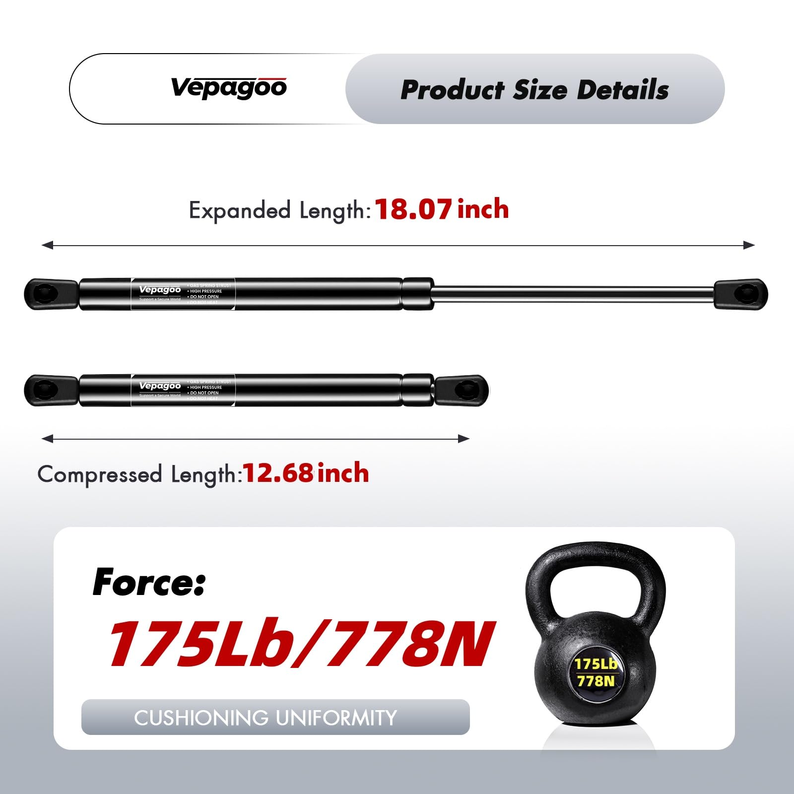 Vepagoo 18 Inch 175Lb/778N Gas Struts Shocks Sping Camper Topper Shell Are Leer Rear Window Truck Canopy Cap Cover Lift Support