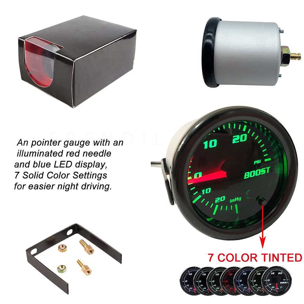 Black 52Mm 2'' Turbo Boost Gauge 0-30 Psi Pressure Vacuum Turbo Meter With 7 Color Tinted (Without Gauge Cup)
