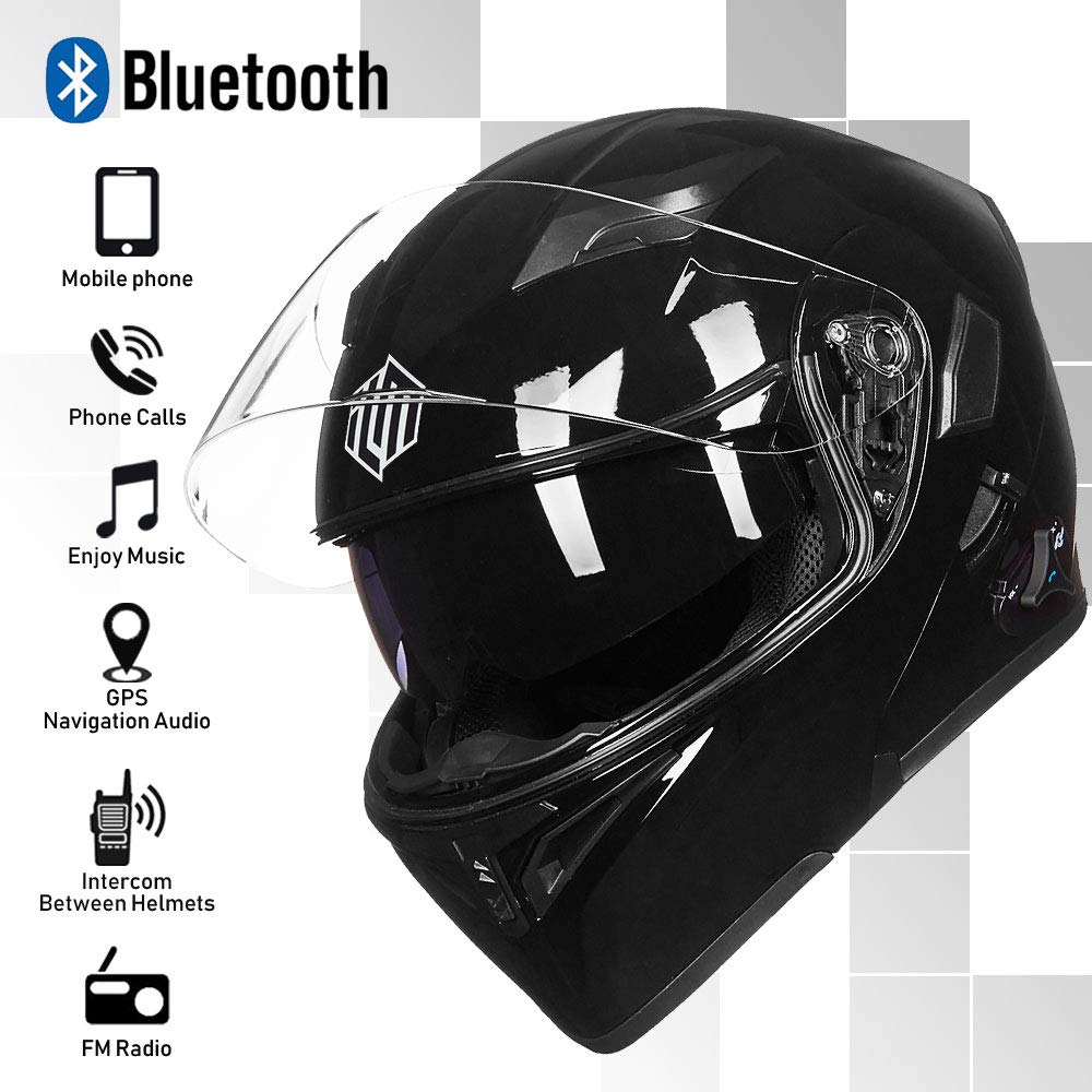 Ilm Bluetooth Motorcycle Helmet Modular Flip Up Full Face Dual Visor Mp3 Intercom Fm Radio Dot Model 902Bt(Gloss Black, M)