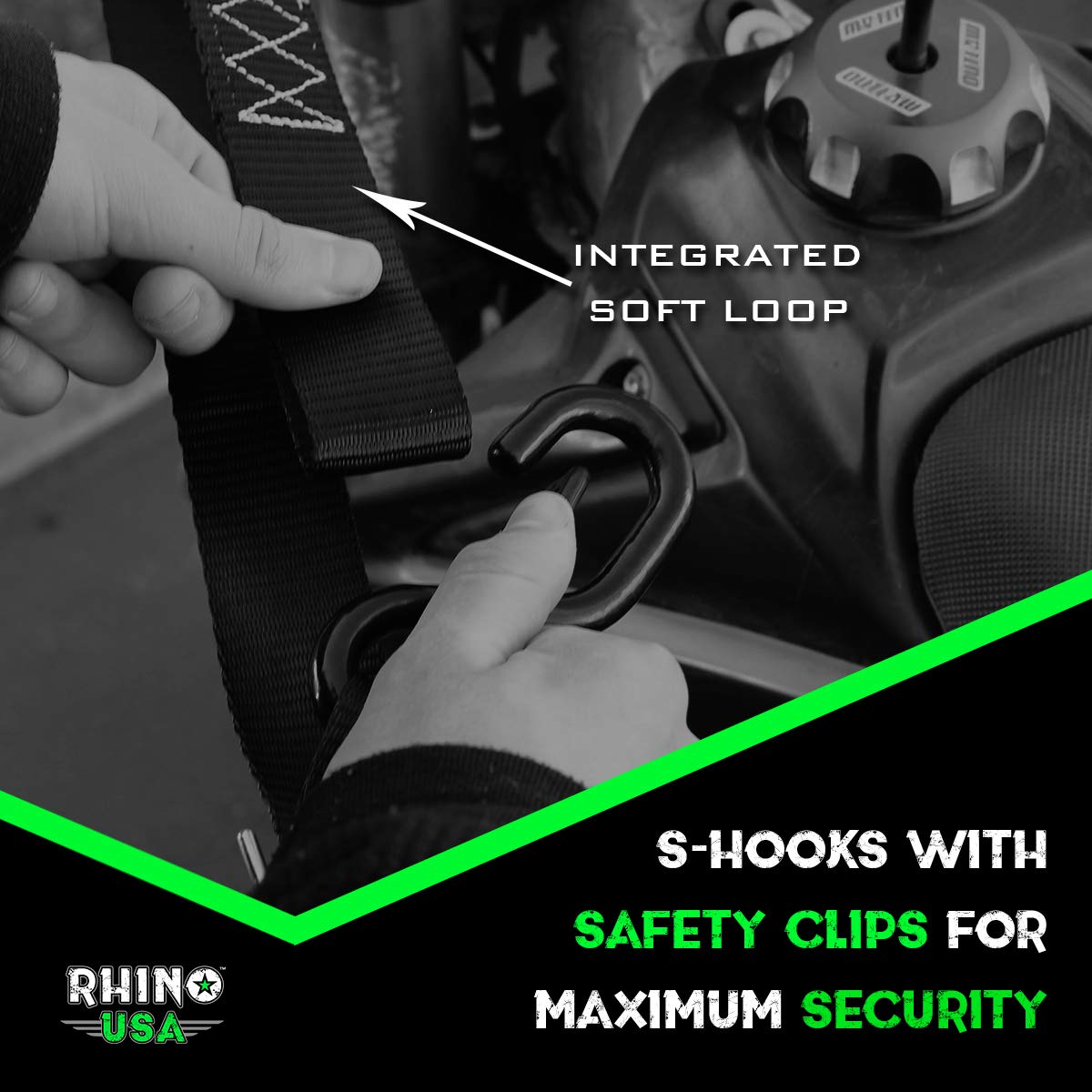 Rhino Usa Motorcycle Tie Down Straps (2 Pack) Lab Inspected 3,328Lb Break Strength, Steel Cambuckle Tiedown Set With Integrated Soft Loops - Better Than A Ratchet Strap (Black 2-Pack)