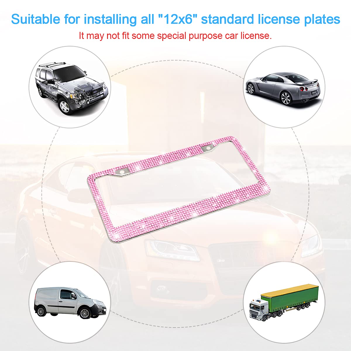 Bling Car License Plate Frame, Handcrafted Crystal Stainless Steel, Sparkly, Durable, Universal Fit, Car Accessories For Girls,