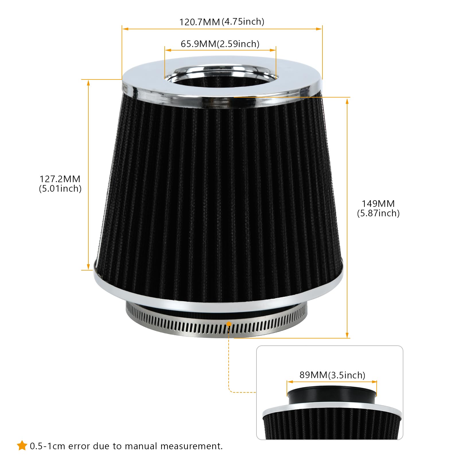 Ptnhz Universal Black 3.5'' 89Mm High Flow Cold Air Intake Cone Air Filter Power Intake Air Inlet System Air Cleaner
