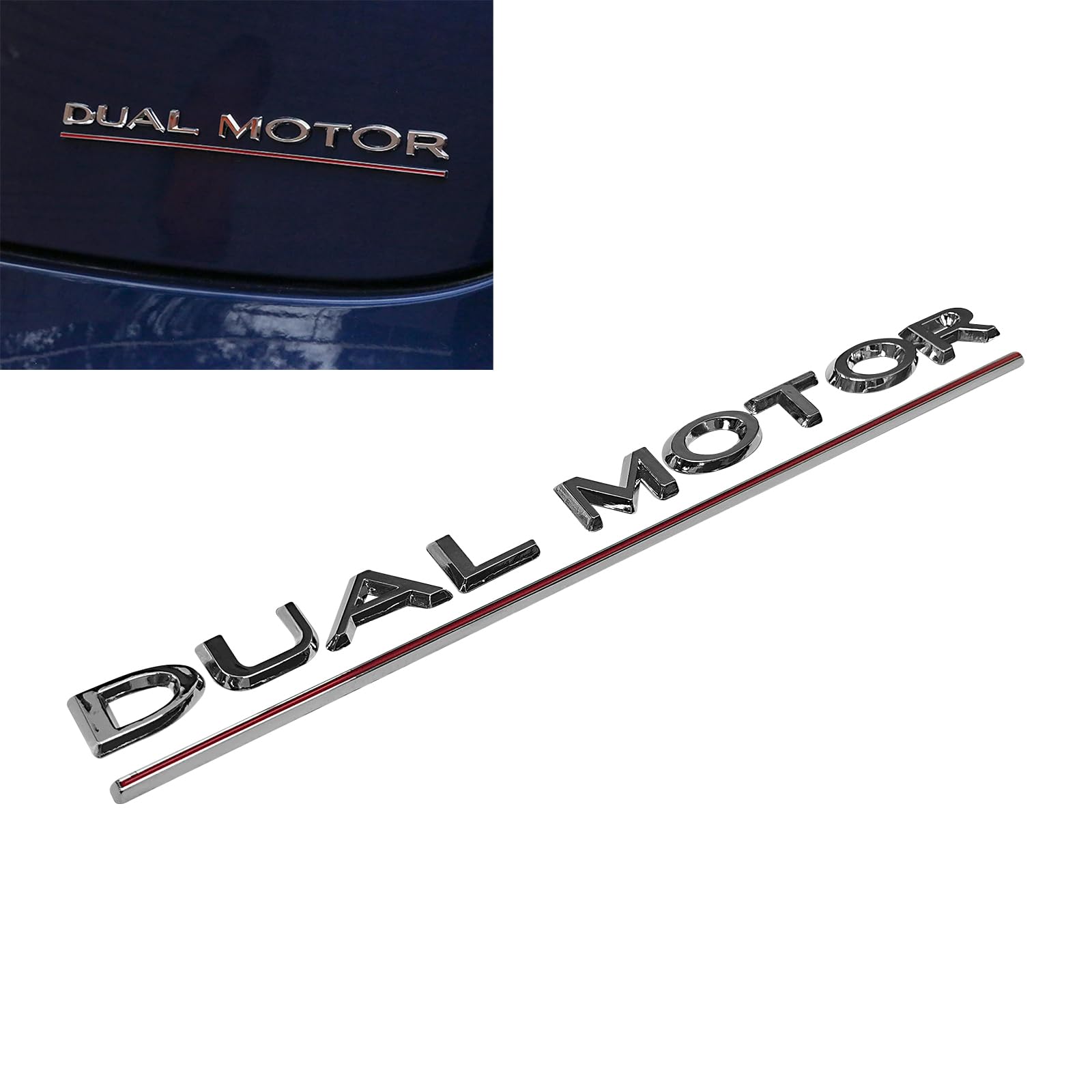 Knomix Dual Motor Emblem Badge Sticker Plaid Decor Compatible with Tesla Model 3 Y X S Accessories (Silver-Red Line)